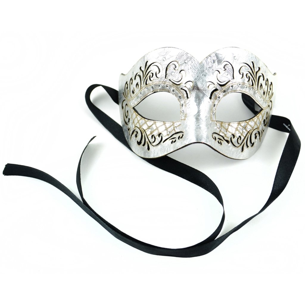 Silver Metallic Masq Leather Half Mask 9in W/ Satin Ribbon 