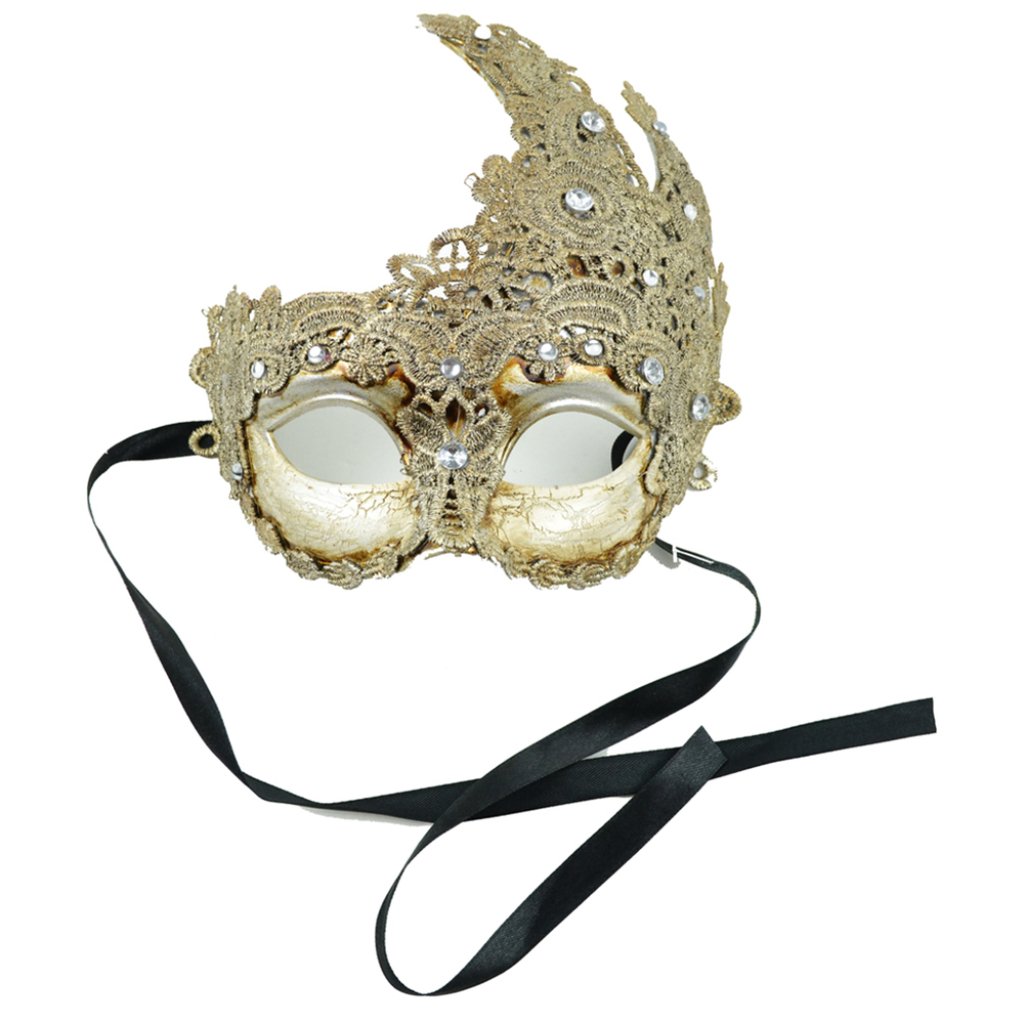 Silver Deco Mask With Lace 8in W/Black Ribbon Tie 