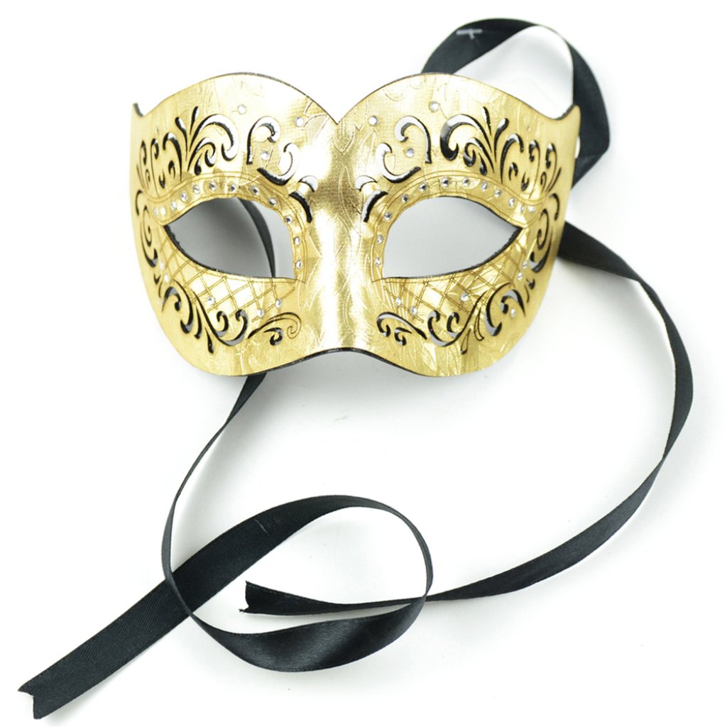 Leather Half Mask 8in Gold Met W/Black Ribbon Ties 