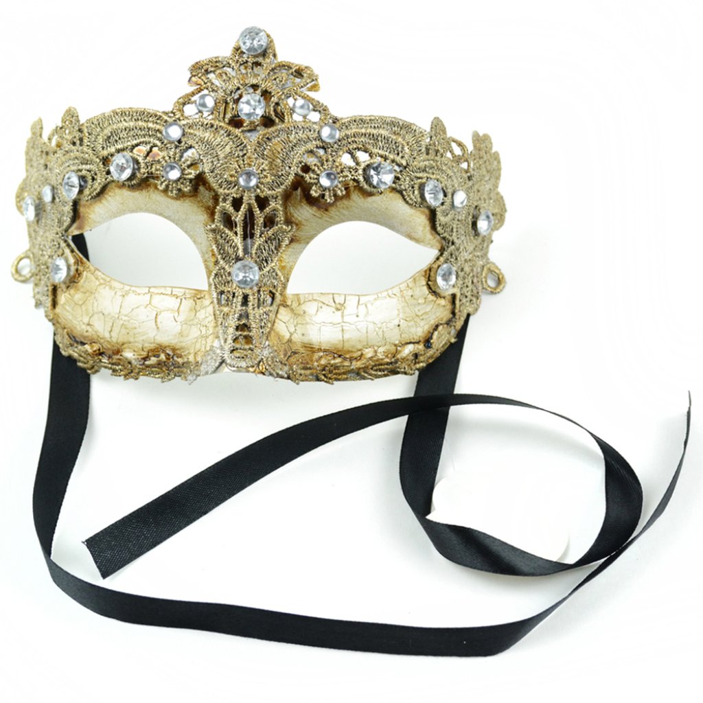 Silver Deco Mask With Lace 8in W/ Gems Crystal And Black Ties 