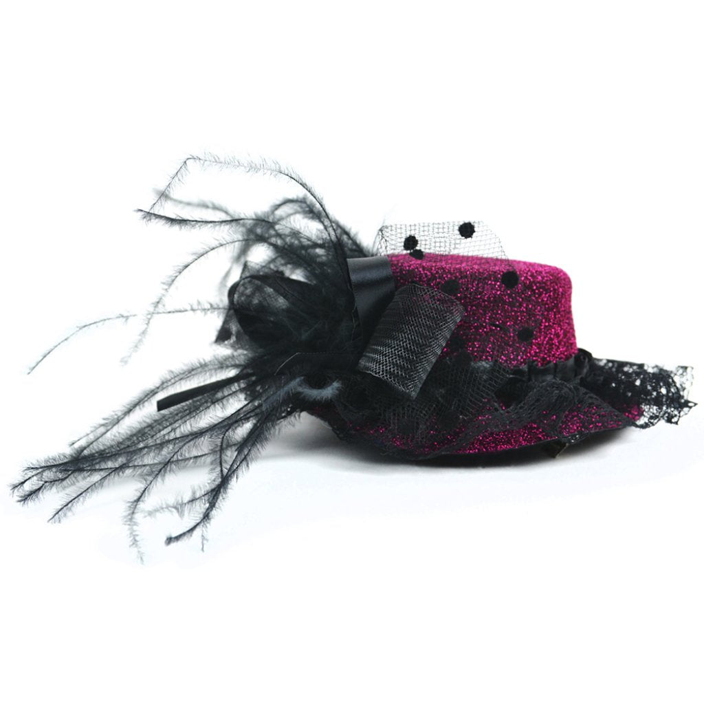 Mini Hat W/ Feathers Ribbon &amp; Mesh Bow Hot Pink 6.3X1.6in 