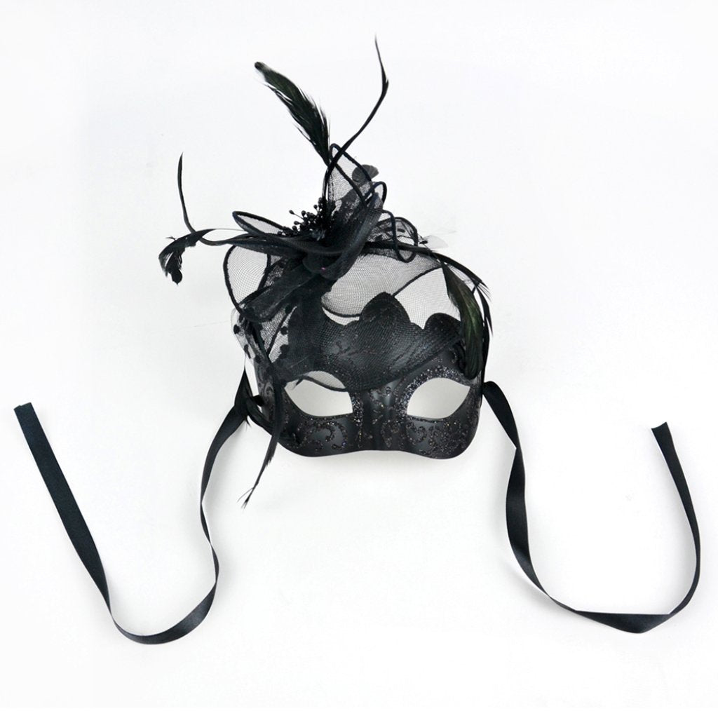 Black Glitter W/Fascinator Half Mask 6.5â€? 