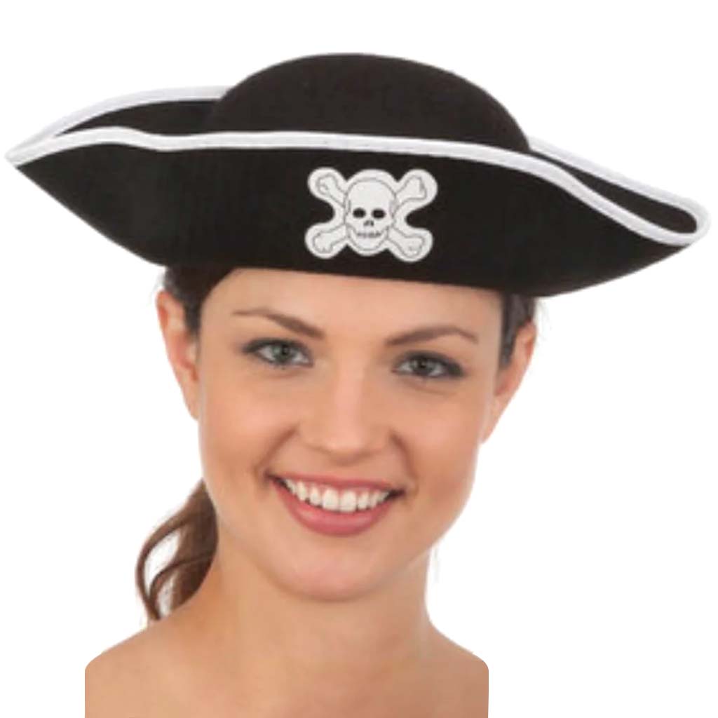 Felt Pirate Hat W/White Trim And Skull &amp; Crossbones 