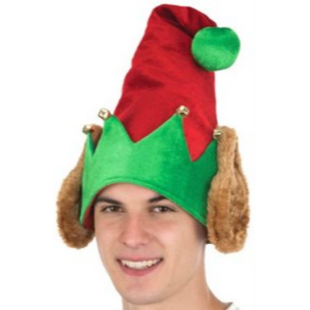 Velvet Elf Hat With Brown Plush Ears and Bells