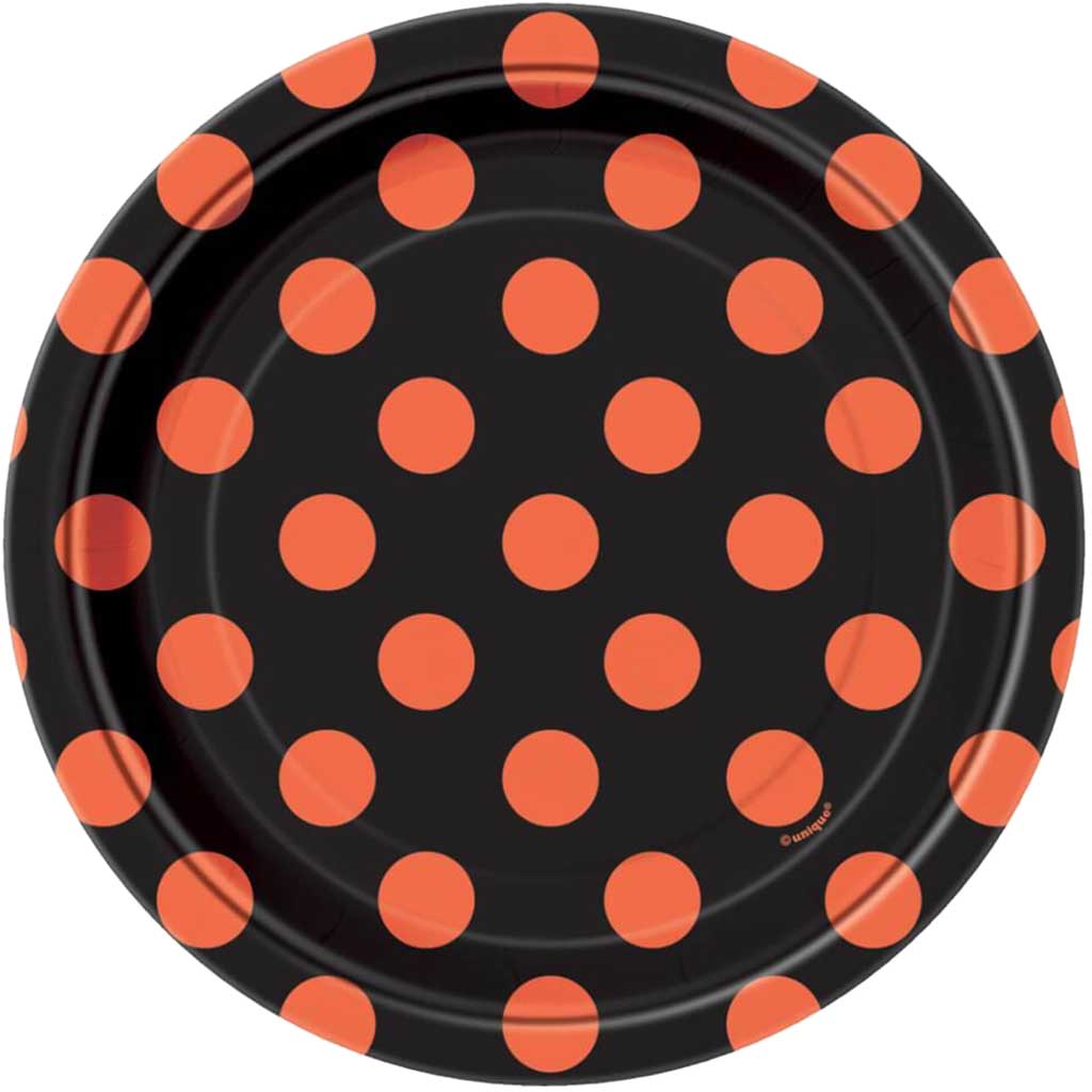 Polka Dot Black &amp; Orange Round Dessert Plates 7in 8ct, 