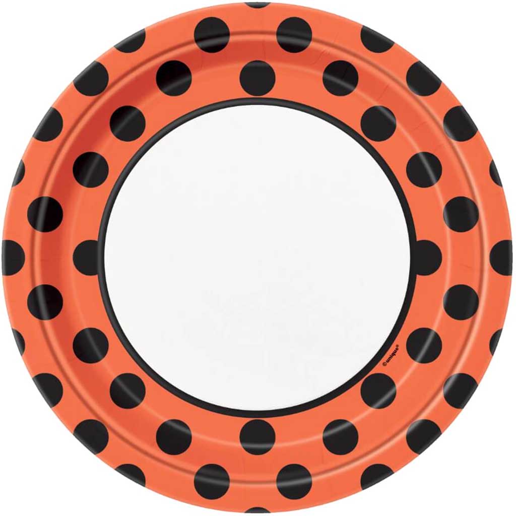 Polka Dot Orange and Black Round Dinner Plates 9in, 8ct, 