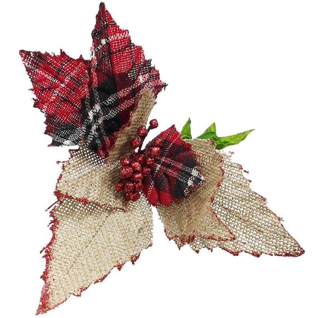 Christmas Pick Poinsettia Burlap Plaid 9in 