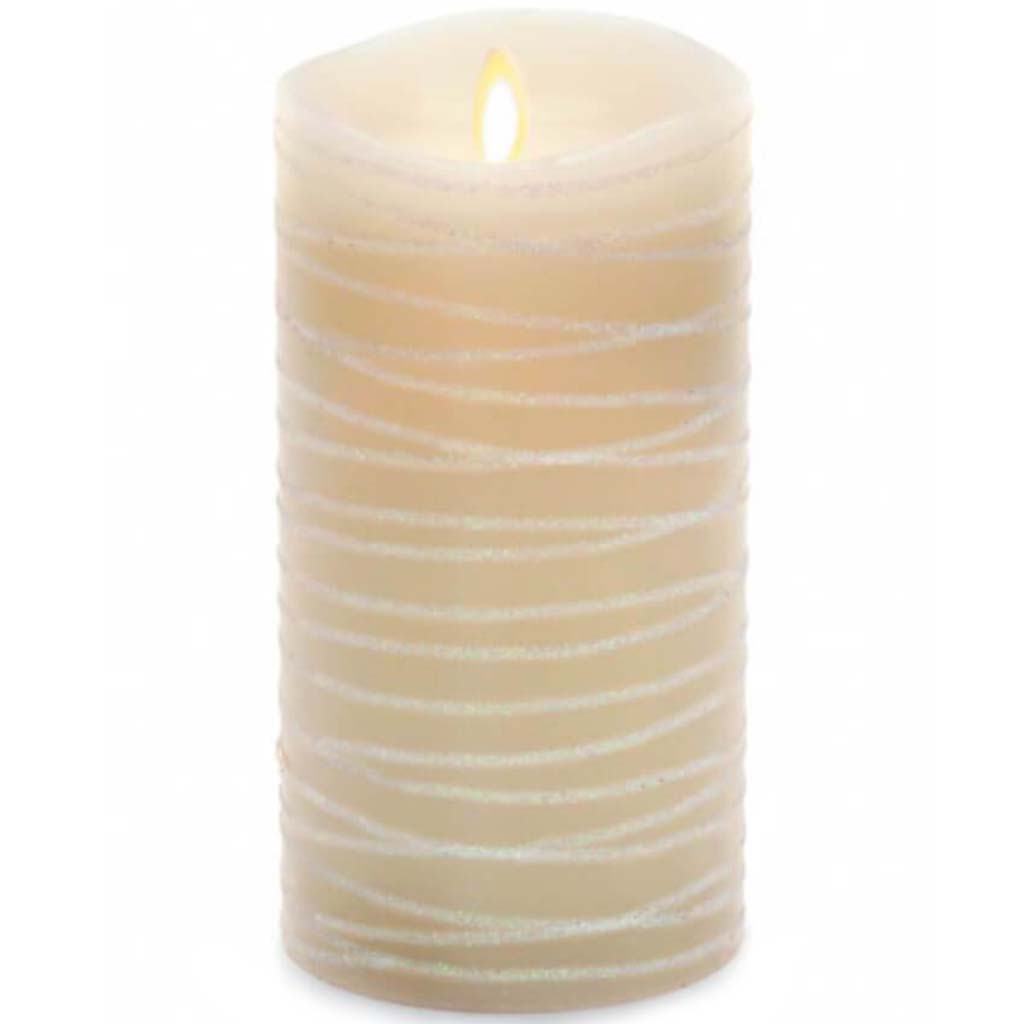 FLAMELESS IVORY GLITTER RIBBON PILLAR CANDLE 7IN 