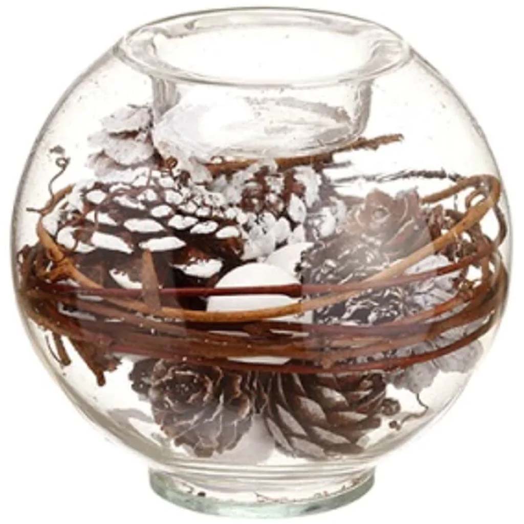 Glass Tea Light Holder with Pine Cone 