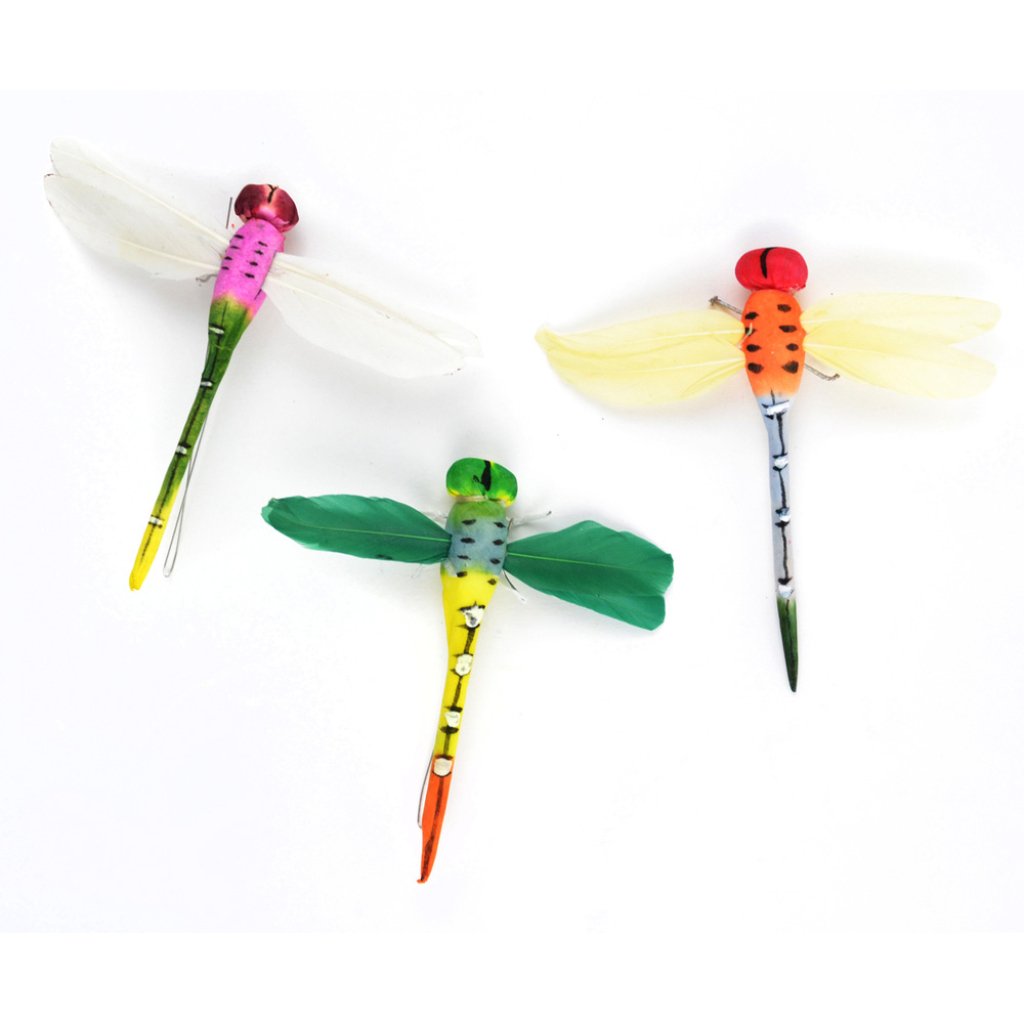Feather Dragonfly Green, Yellow, Pink On Wire 3.5in 