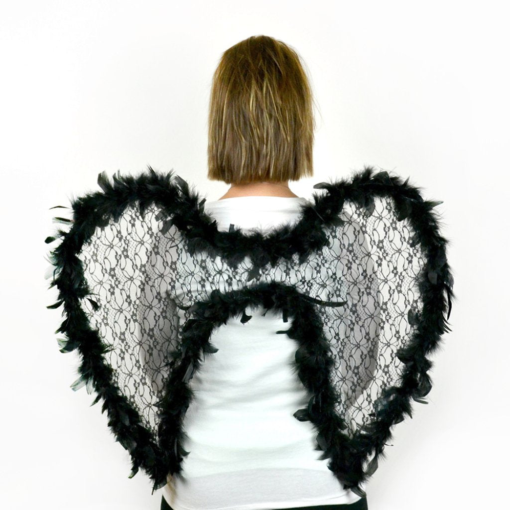 Black Lace Feather Wing W/Elastic Straps 21X23In 