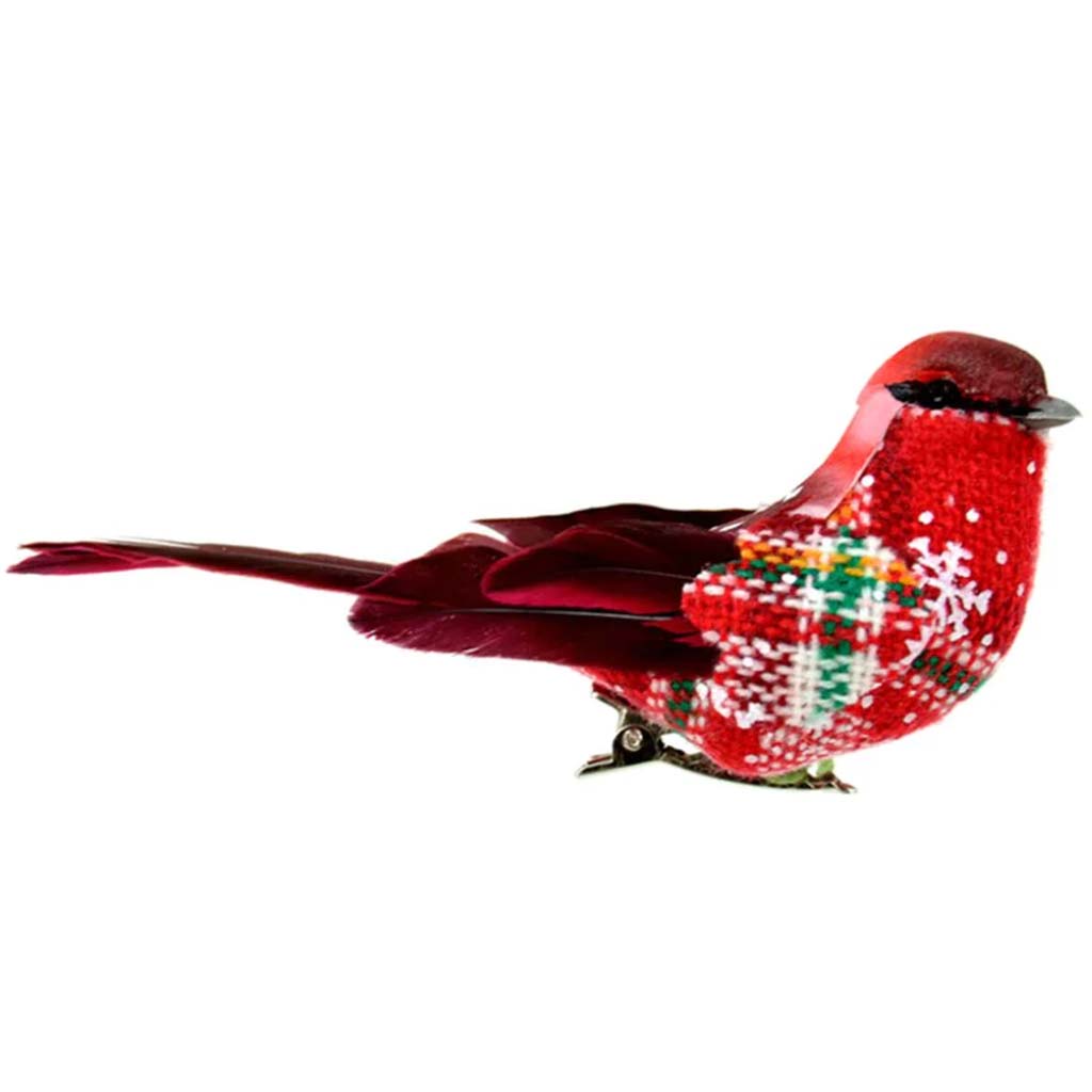 Red Christmas Plaid Feather Bird With Clip 4.5In 