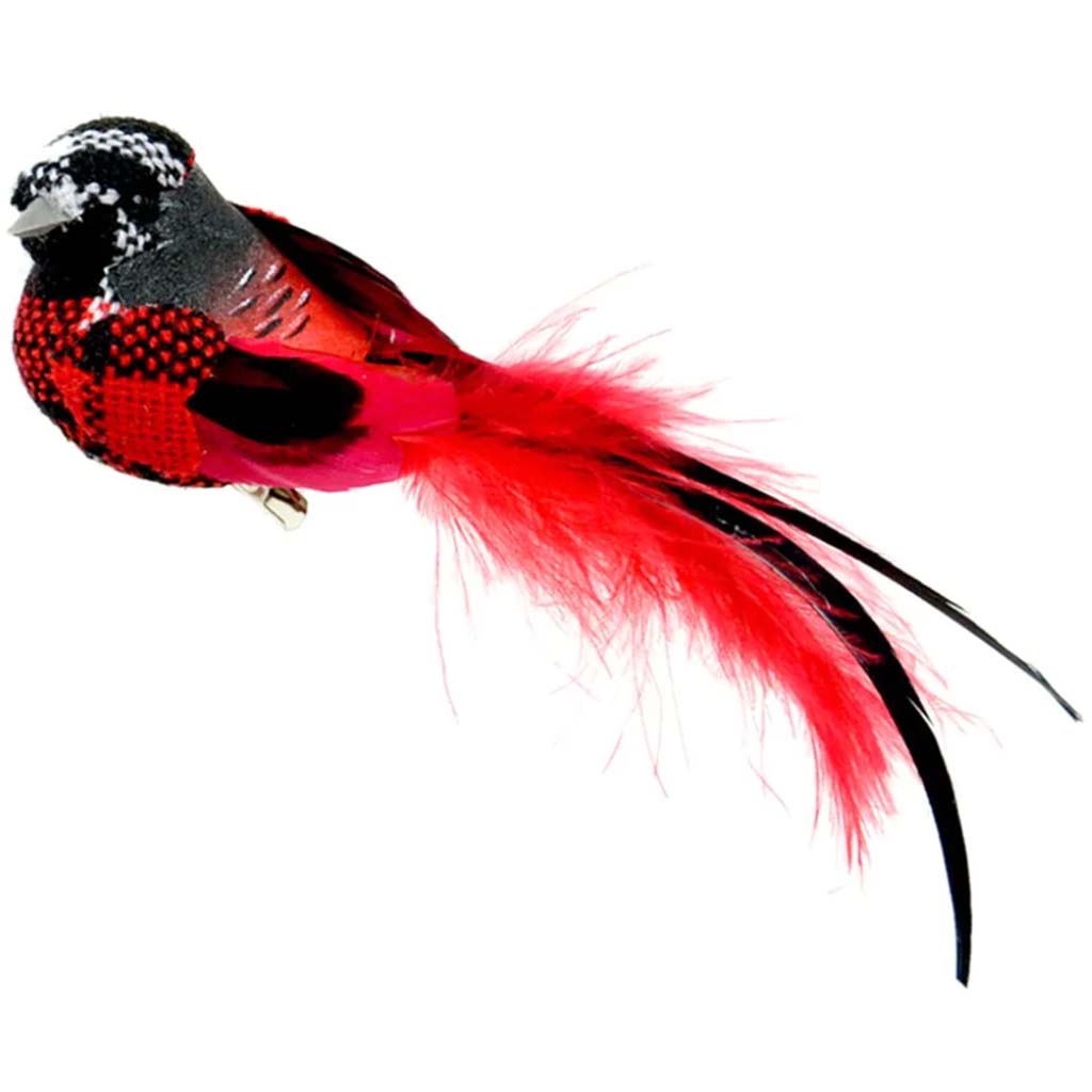 Red, White And Black Christmas Plaid Feather Bird With Clip 5In 