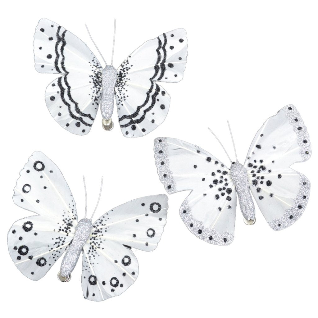 Feather Glitter Butterfly Blue W/White On Clip 4.75in 