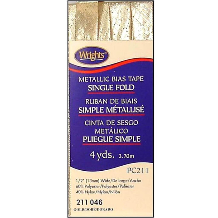 Single Fold Bias Tape .5in x 4yd Gold Lame