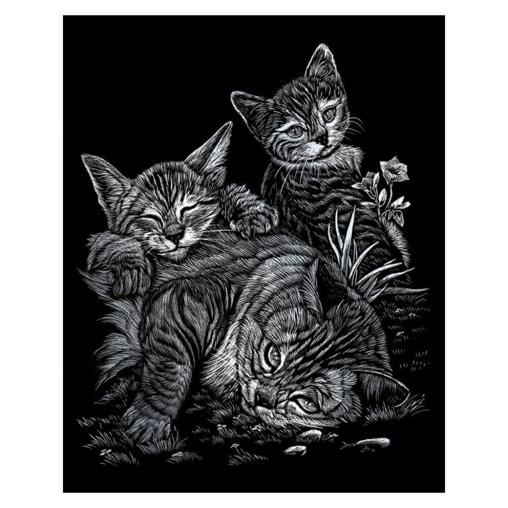 Silver Engraving Tabby Cat and Kittens