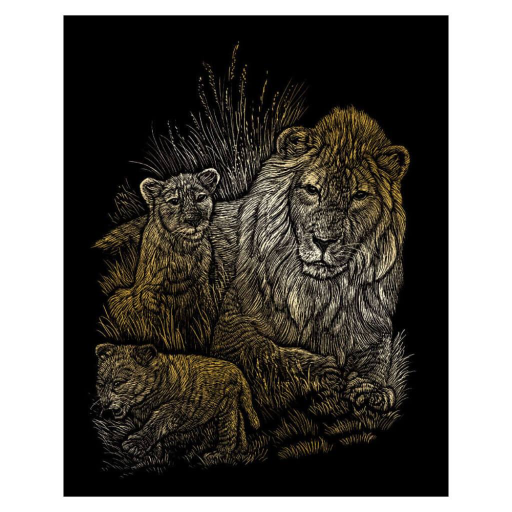 Engraving Art Gold Foil Set Lion &amp; Cubs 