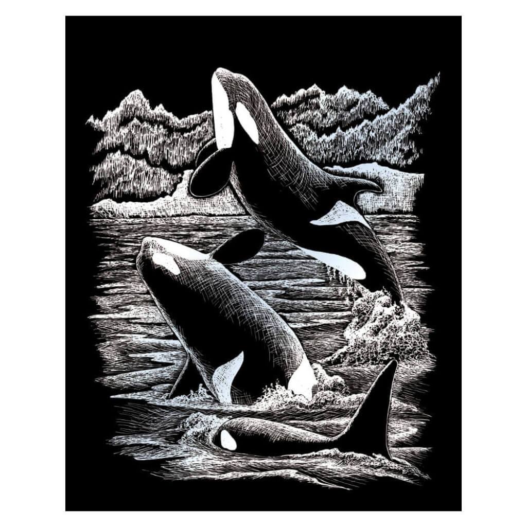 Engraving Art Silver Foil Set Orca Whales 