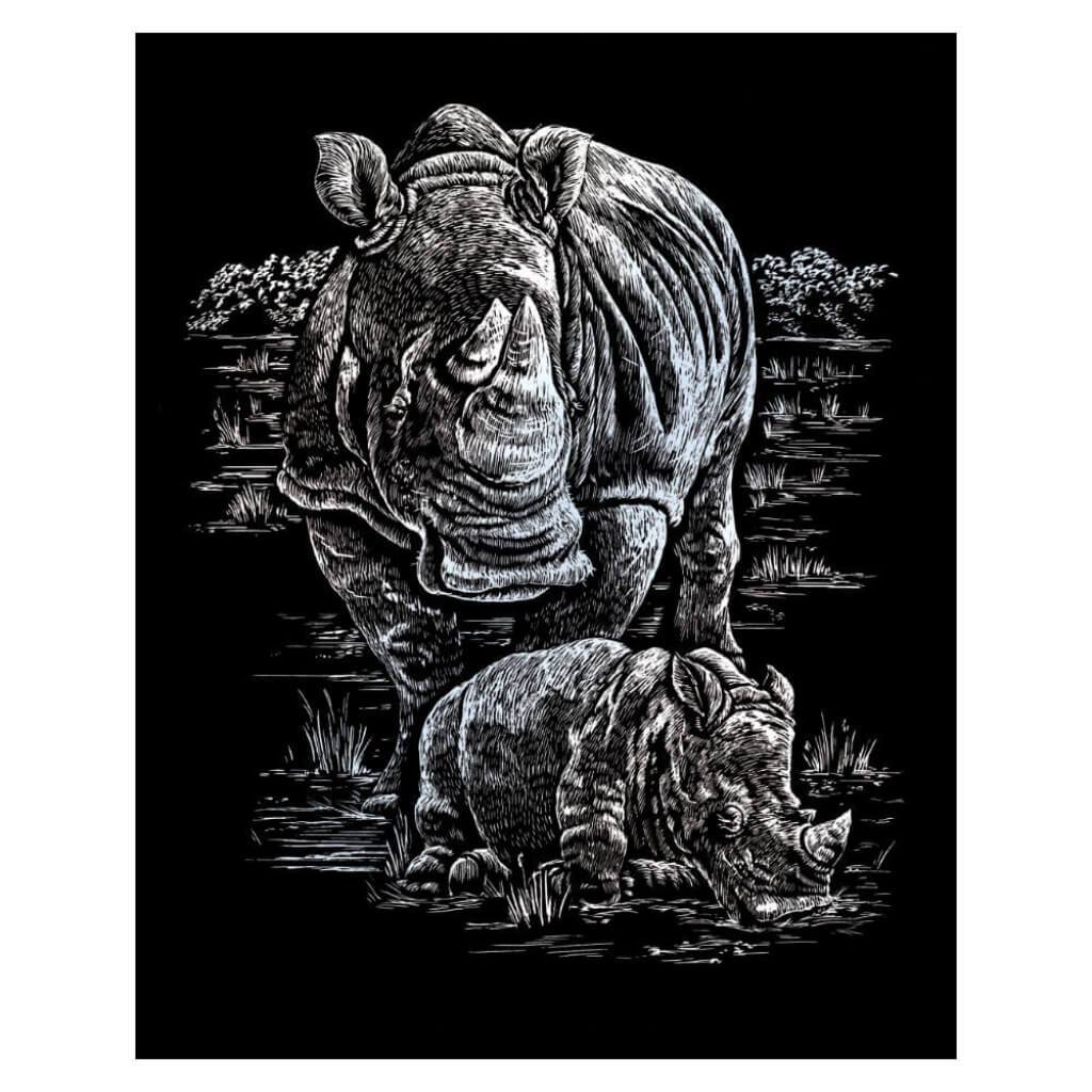 Engraving Art Silver Foil Set Rhinoceros &amp; Baby 