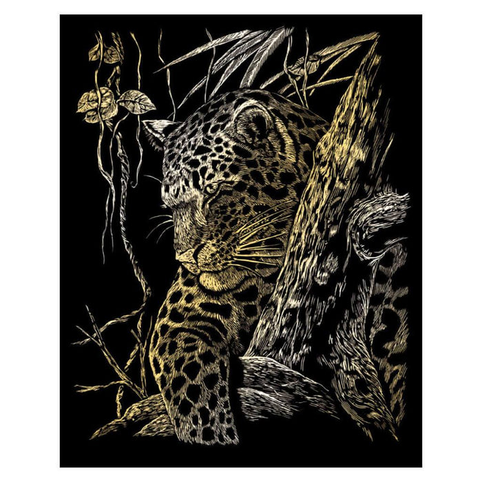 Engraving Art Gold Foil Set Leopard in Tree 