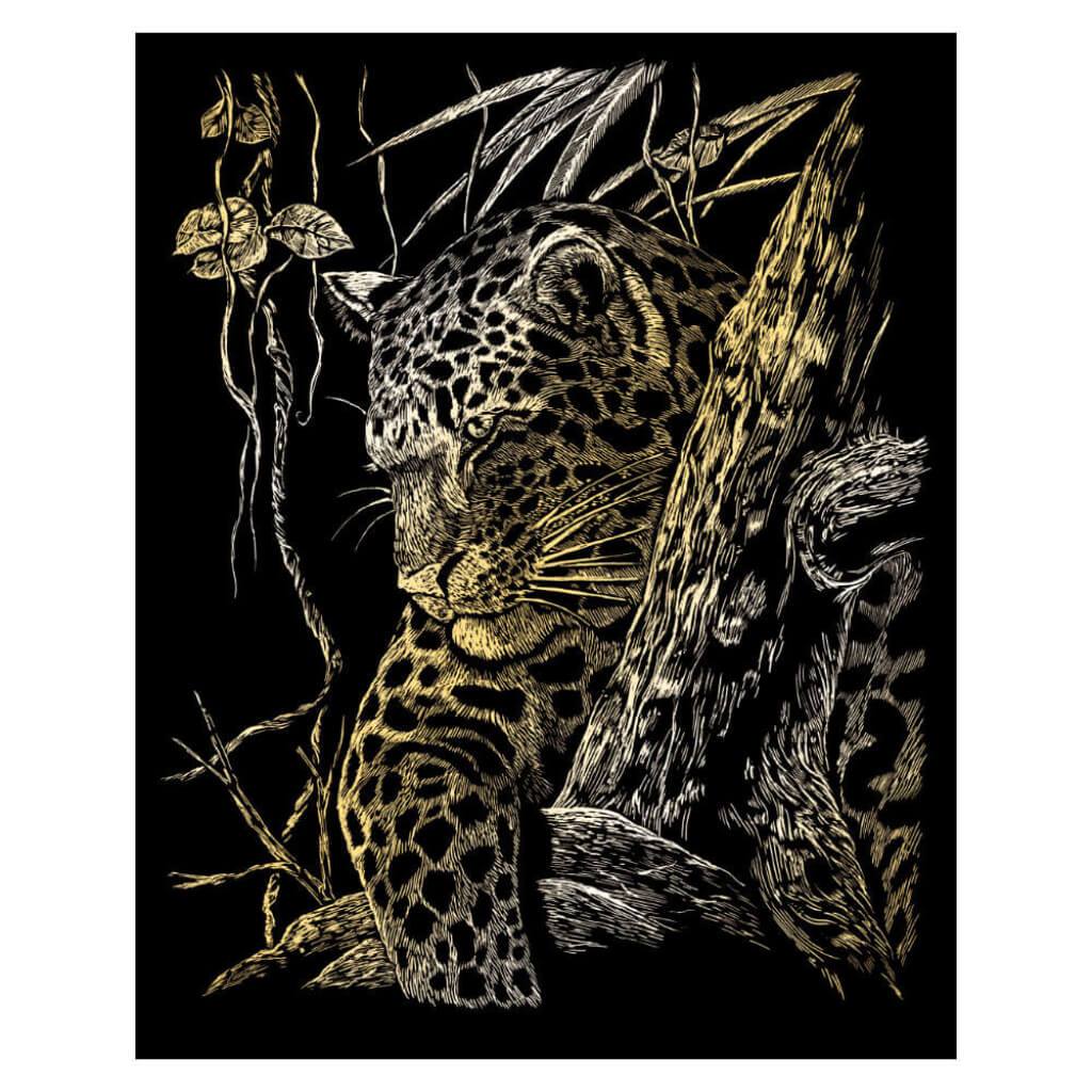 Engraving Art Gold Foil Set Leopard in Tree 