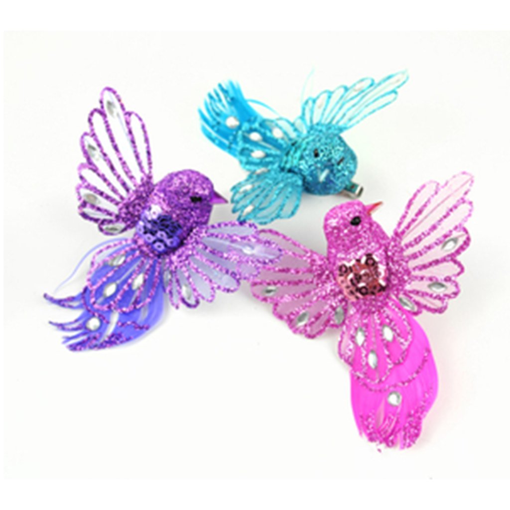 Fancy Open Wing Glitter Bird W/Mirrored Beak &amp; Mesh Wings 3in 