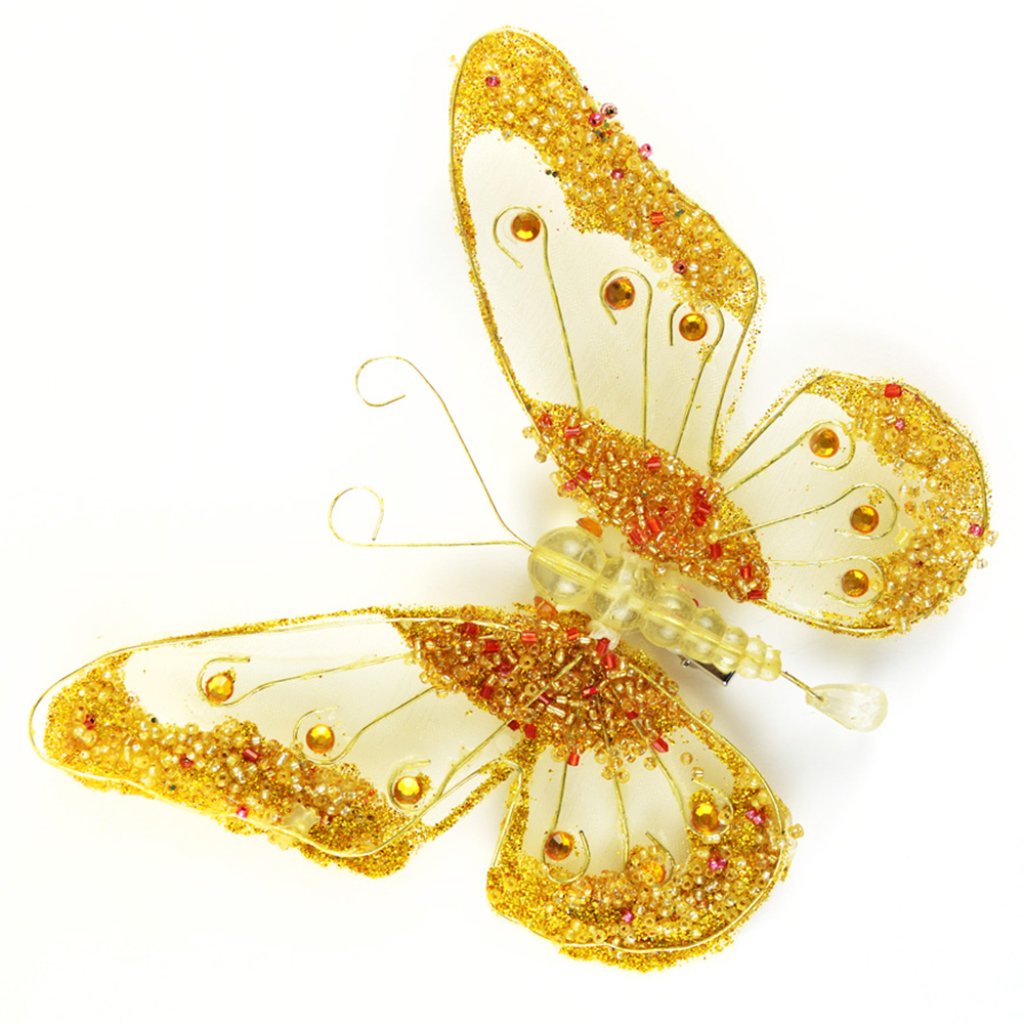 Fashion Butterfly W/Gold Beads On Clip 5in Gold 