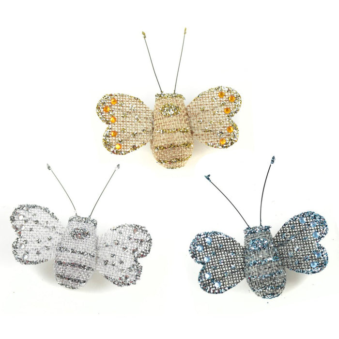 Burlap/Glitter Bee Asst Tan Gray Charcoal On Clip 2.5in 