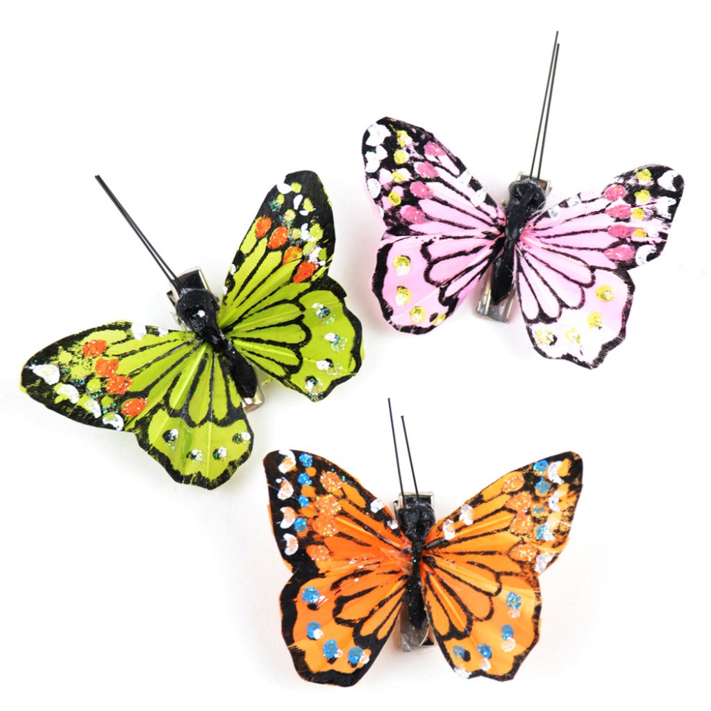 Feather Glit Butterfly Monarch Green Pink Orange On Clip 2.5in 
