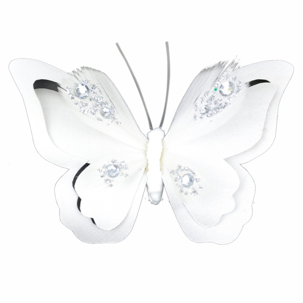 Fancy Satin Butterfly W/ Gems On A Clip 4.25in White 