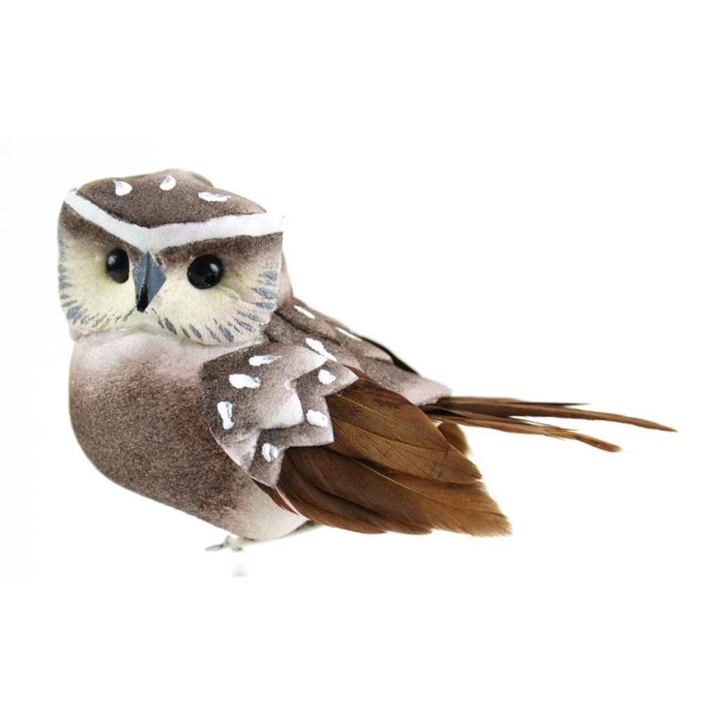 Small Feather Owl Brown/Cream On Clip 3in 