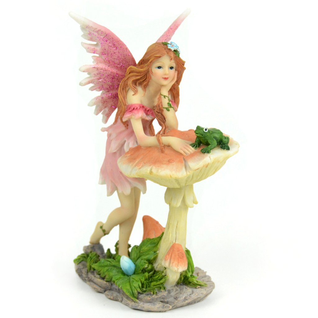 Fairy Leaning On Mushroom 6.5in Pink 