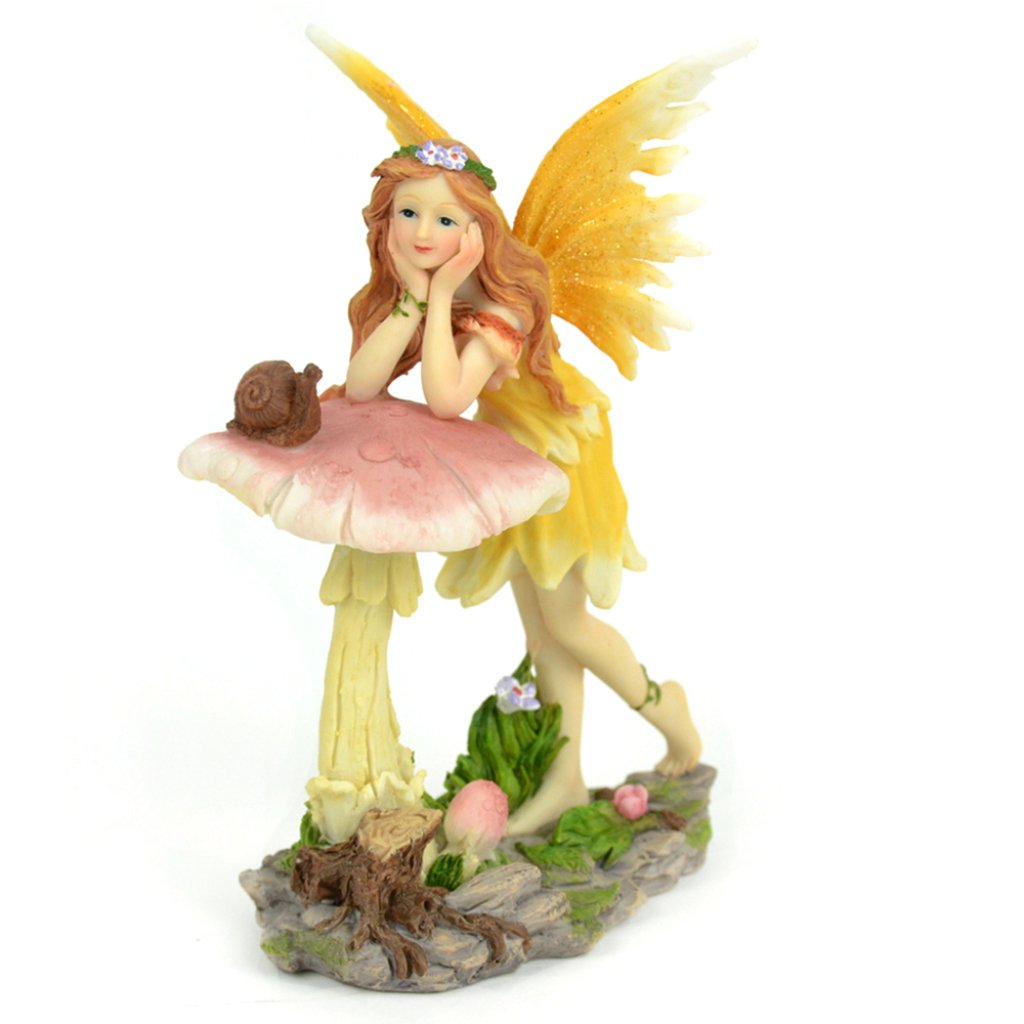 Fairy Leaning On Mushroom 6.5in Yellow 