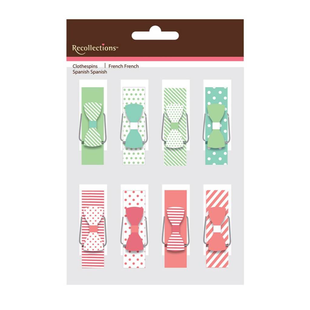 EMBELLISHMENT CLOTHES PIN PRINTED BOWS SET OF 8 