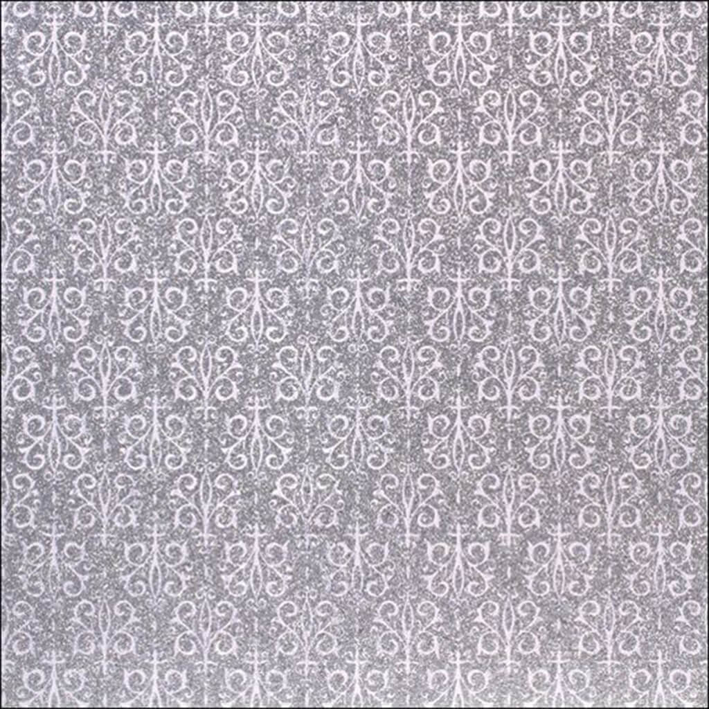 Cardstock Patterned Glitter Damask Silver 12in x 12in