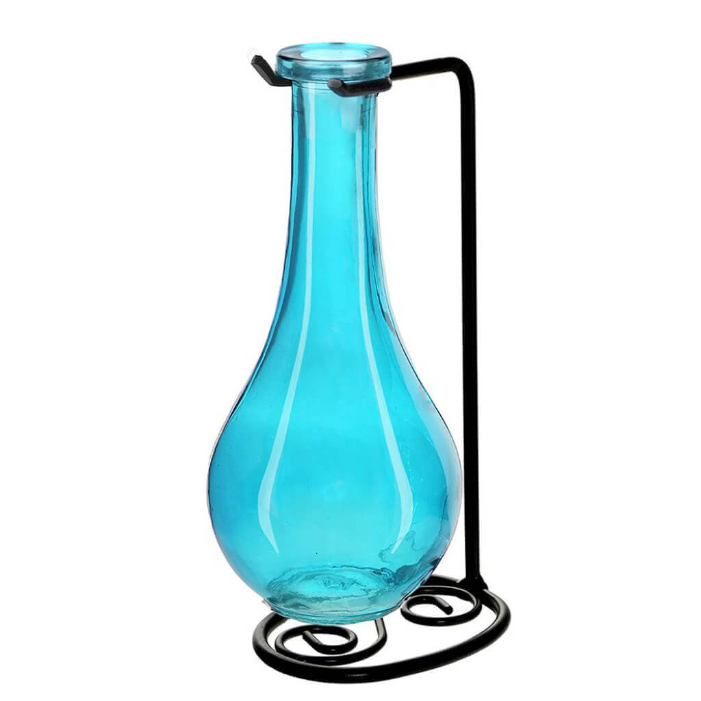 Drop Glass Vase with Stand 8in, Aqua