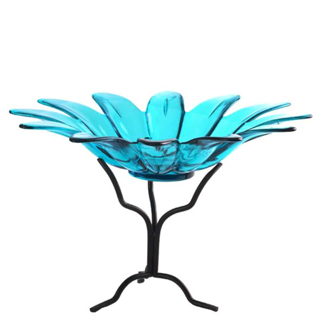 Daisy Glass Bowl Aqua with Metal Stand 6in Tall