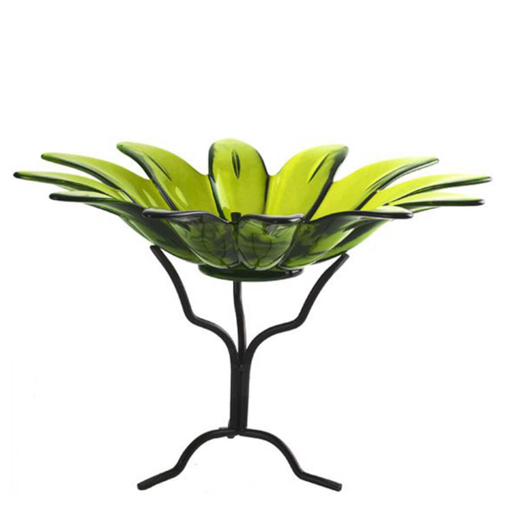 Daisy Glass Bowl  Lime with Metal Stand 6in Tall