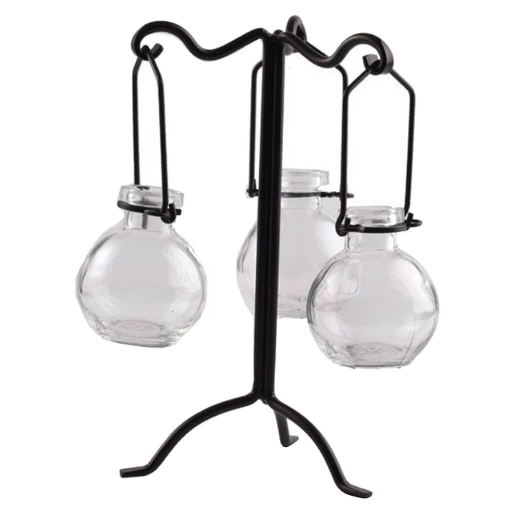 Tripled Branches Stand with Hanging Glass Bottle, Clear