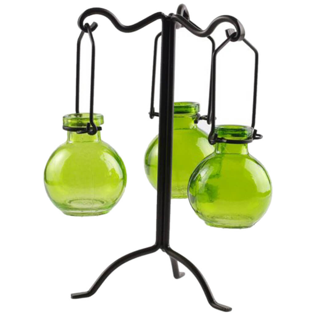 Tripled Branches Stand with Hanging Glass Bottle, Lime