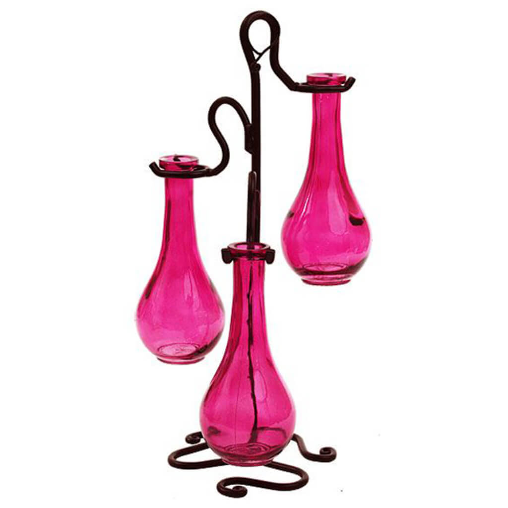 Vine Stand with 3 Glass Bottles, Fuchsia