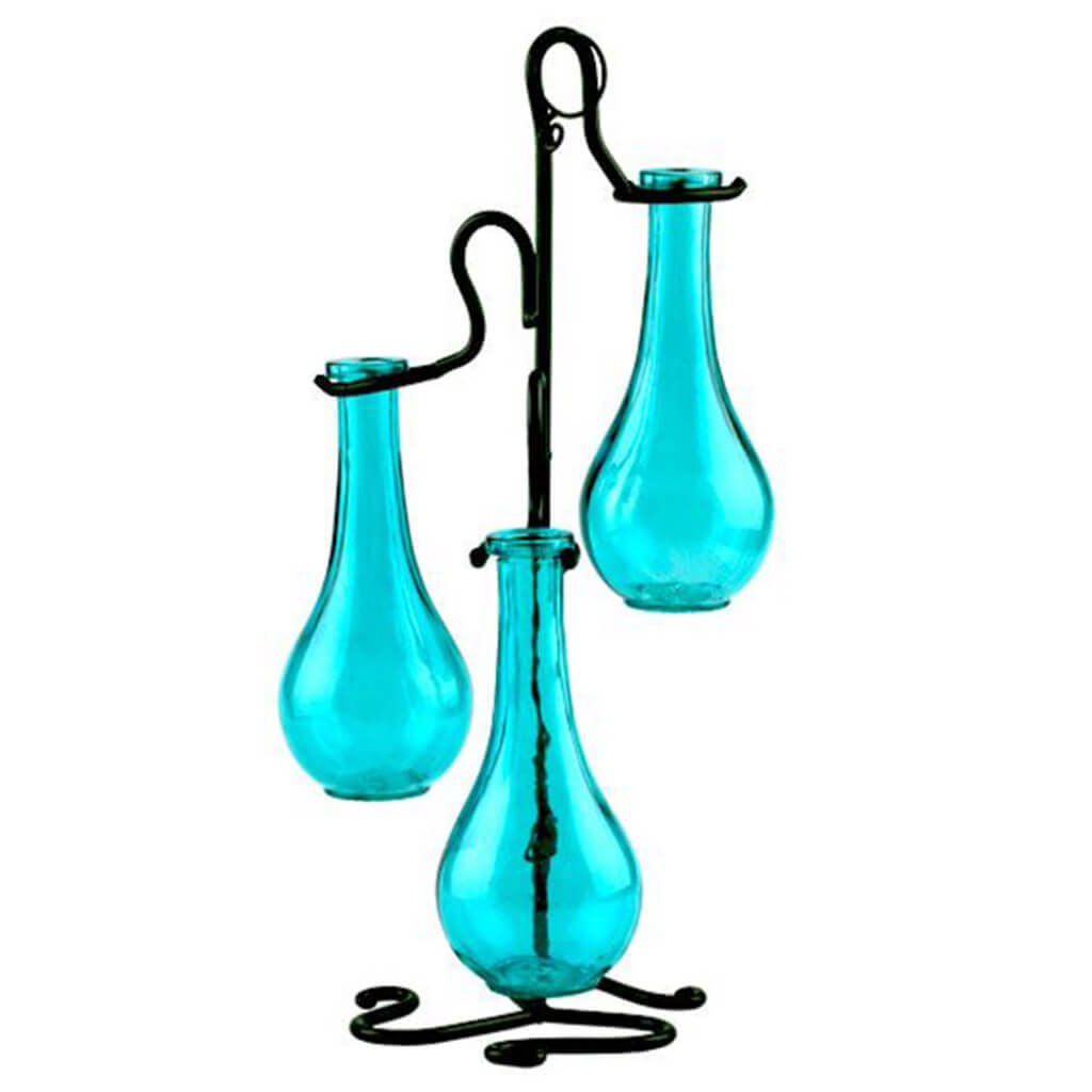 Vine Stand with 3 Glass Bottles, Aqua