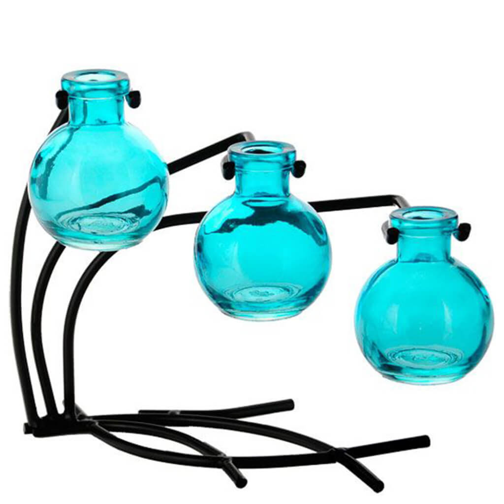 Casablanca Stand with 3 Glass Vases Aqua