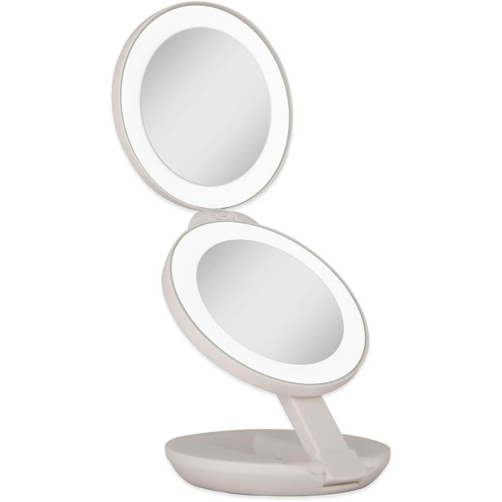LED DUAL LIGHTED TRAVEL MIRROR IN TAUPE 1X/10X 