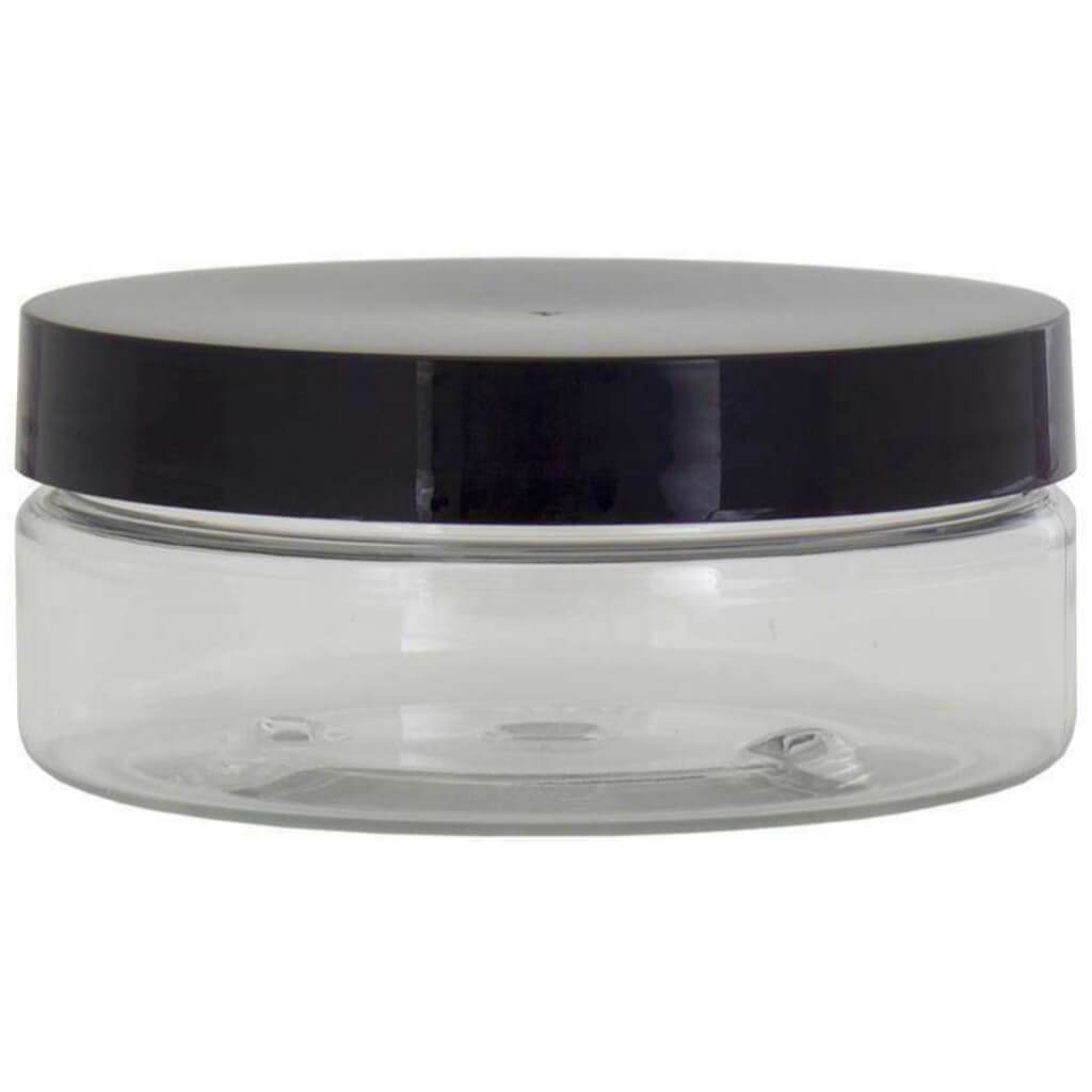 CLEAR PLASTIC JAR WITH BLACK LID 4 OZ