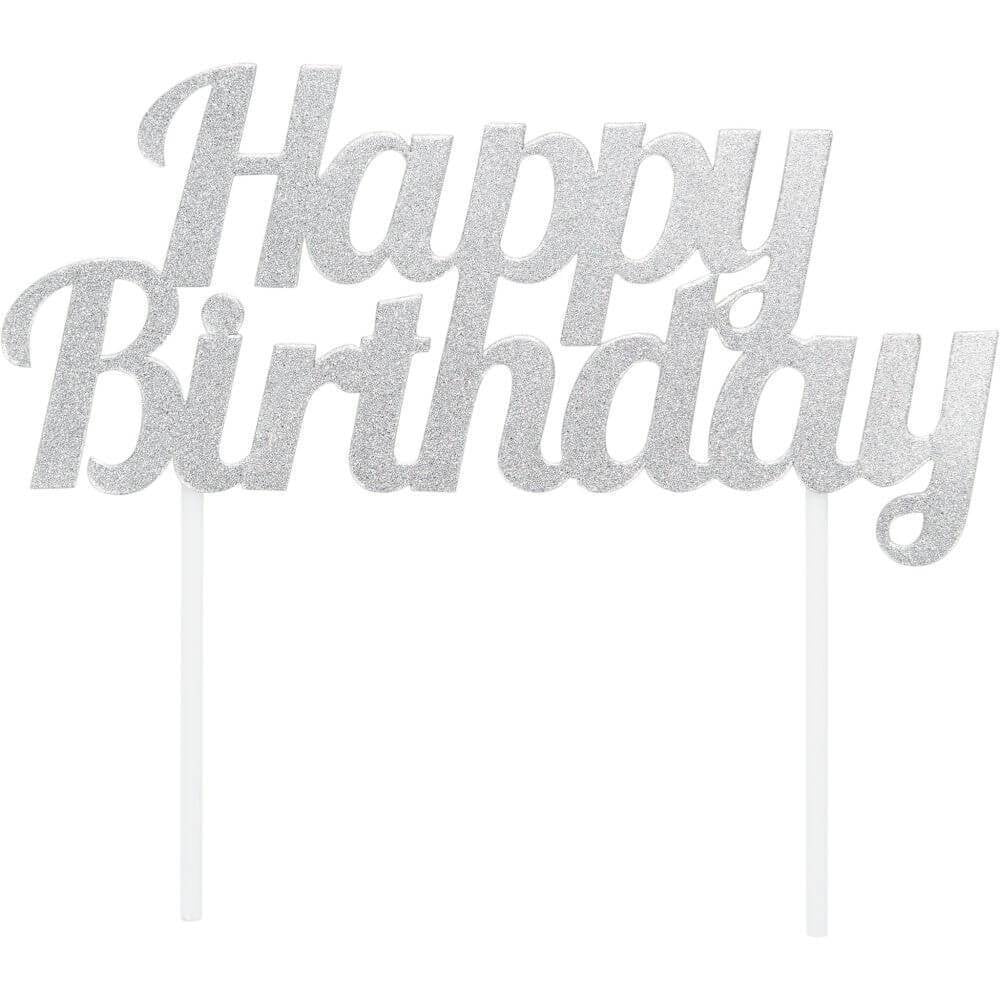 Cake Topper Silver Happy Birthday Glitter 