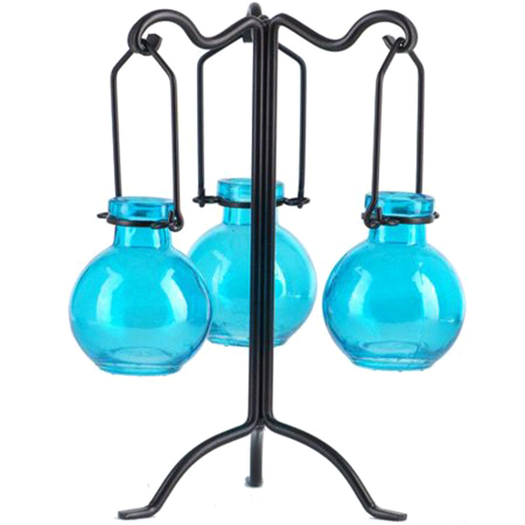 Tripled Branches Stand with Hanging Glass Bottle, Aqua