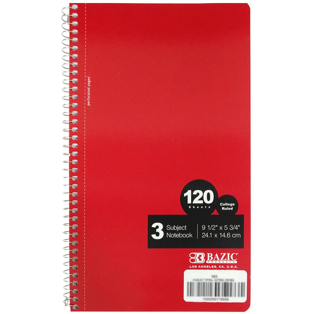 Bazic Notebook Spiral C/R 3-Subject 9.5in x 5.75in 120ct