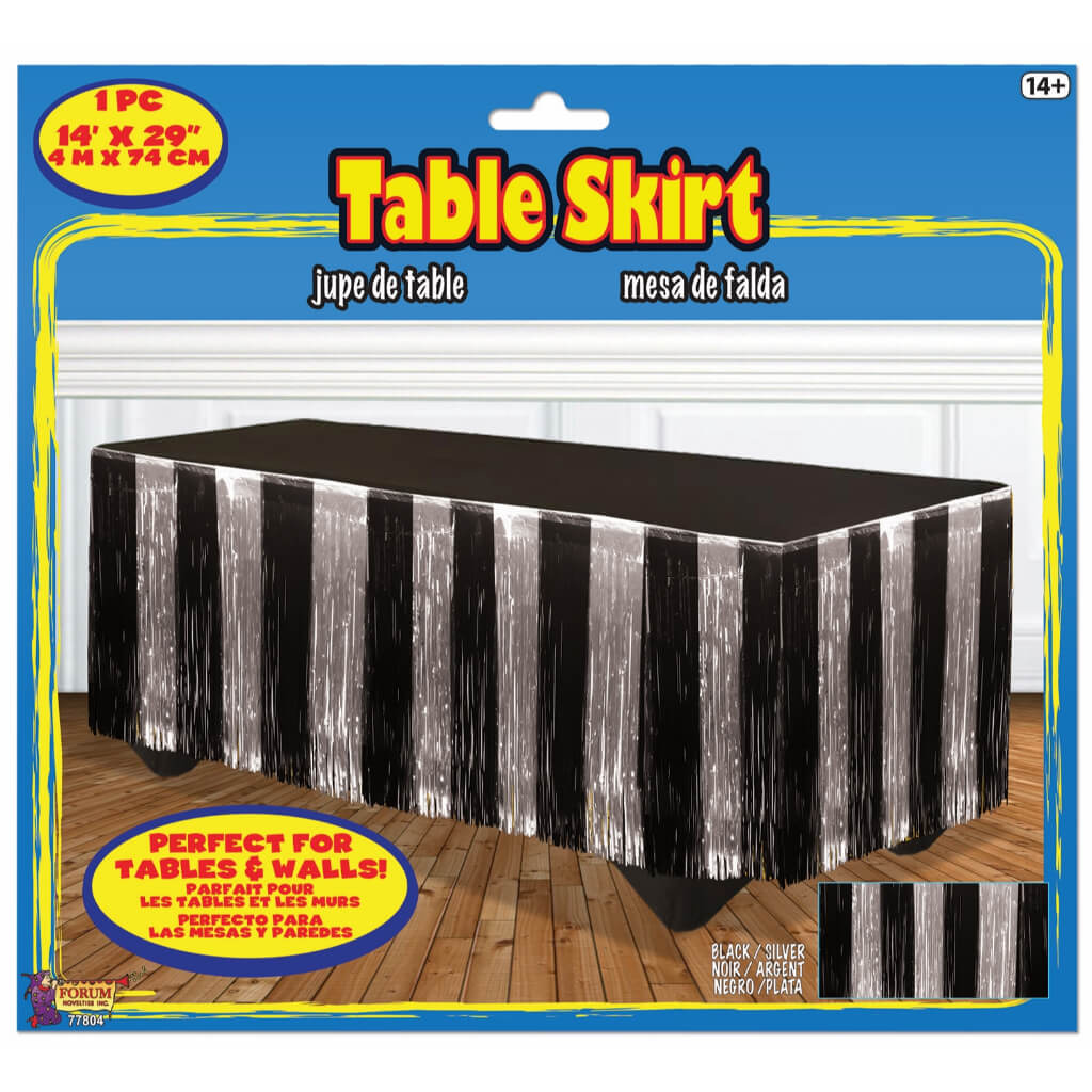 TINSEL TABLE SKIRT SILVER/BLACK 