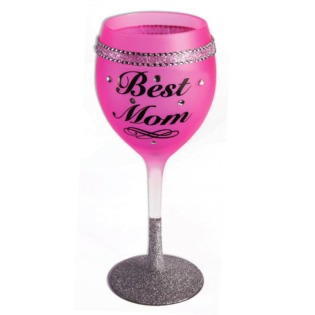 WINE GLASS WITH GLITTER BEST MOM 